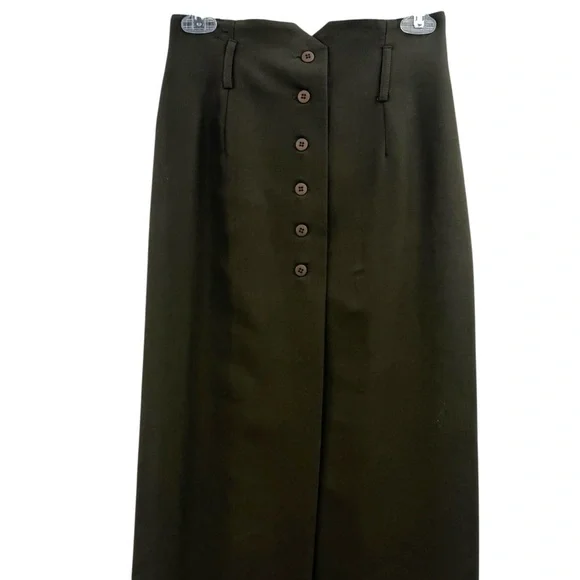 Vintage 90s Olive Green Button Front Midi Skirt High Waist Tailored Minimalist - Picture 4 of 15